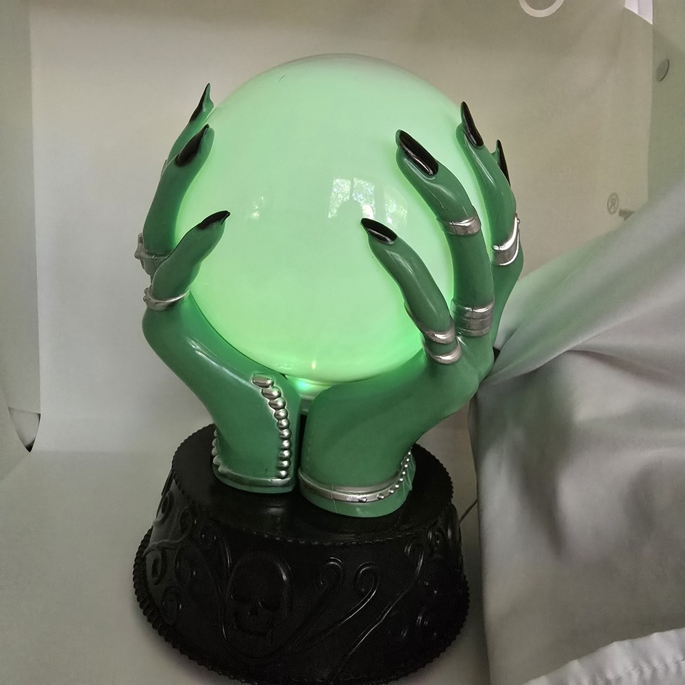 Halloween Light & Sound Crystal Ball Prop Seasonal Green Hands Black Base NEW